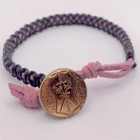 Handmade Macrame Bracelet Pink & Brown with Gold Military Button - Picture 6 of 8